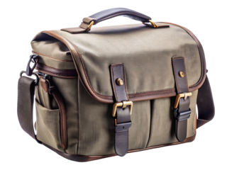 Vintage textured camera bag with leather accents and buckle closures isolated on transparent background