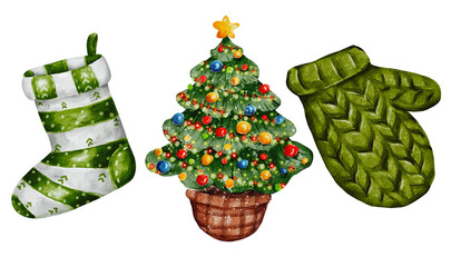 Christmas watercolor clip art, tree, mittens, gifts, sock, sweets