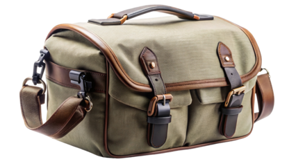 Stylish vintage inspired canvas camera bag with leather accents and buckle closures isolated on transparent background