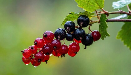 Vibrant Close-Up of Mixed Black and Red Berries on a Branch Against a Green Backdrop