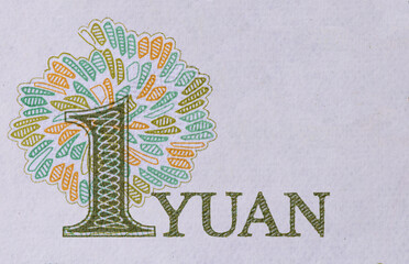 Extreme Macro Detail of Chinese One Yuan Banknote Showing Stylized Tree and Denomination