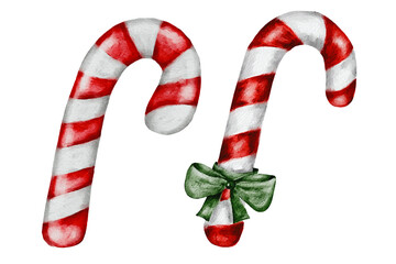 Fototapeta premium Red Christmas candy cane with a green bow. Winter element, watercolor illustration, hand-drawn