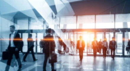Abstract image showing corporate employees entering a conference center during a business event.