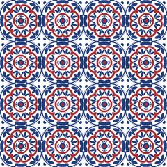 Seamless fabric pattern, Bohemian,  white, geometric, antique, native american, blue background