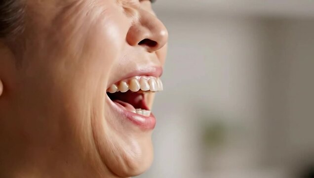  A woman's mouth with a dental crown. Concept of the reliability and longevity of implants