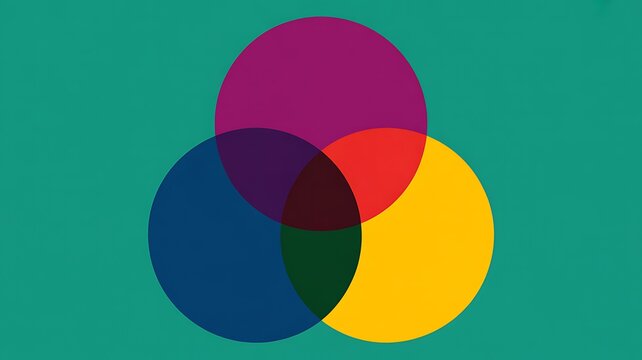 Three overlapping circles in purple blue and yellow on teal background venn diagram intersection - Powered by Adobe