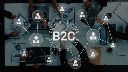 A corporate meeting scene depicting business to consumer connections. Participants collaborate and analyze data through digital charts to drive strategies forward. Raster - Powered by Adobe