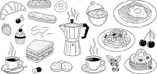 Hand drawn breakfast food illustration with coffee pancakes pasta and croissant