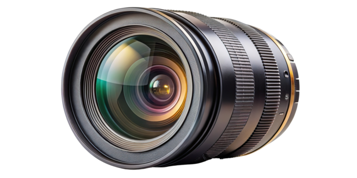Detailed close up of a professional camera lens with colorful reflections isolated on transparent background