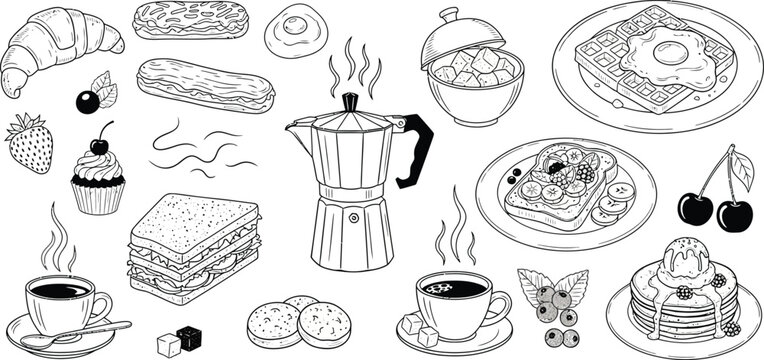 Hand drawn breakfast food illustration with coffee pancakes pasta and croissant