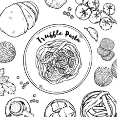 Hand drawn outline drawing Italian cuisine Truffle Pasta and ingredients vector illustration