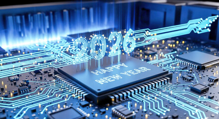 Happy new year 2026 greeting on advanced microchip circuit board, glowing data lines, future technology connection Vector