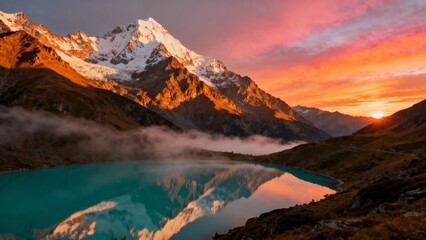 Majestic snow-capped Alpine peaks catch the very first rays of golden sunrise while morning mist gently lifts from turquoise glacial lakes below, creating a breathtaking panorama