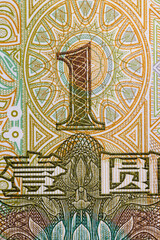 Extreme Macro Detail of Chinese One Yuan Banknote Showing Denomination and Geometric Rosette Pattern
