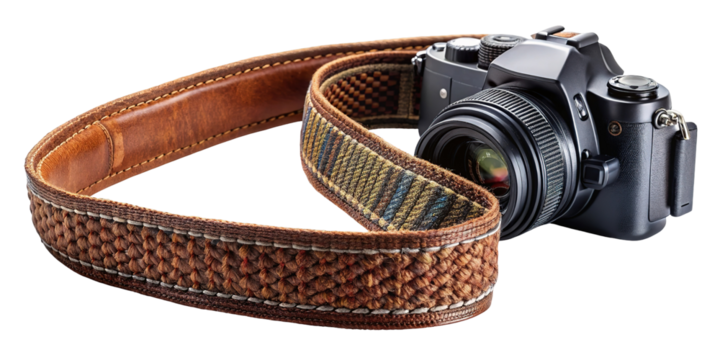 A vintage leather camera strap with intricate woven detail attached to a professional dslr camera isolated on transparent background