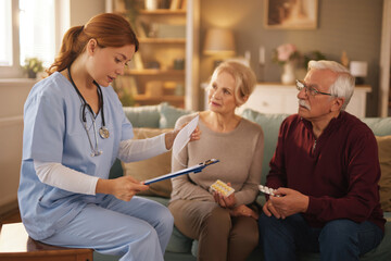A young female home healthcare professional in scrubs explains medication instructions, holding a clipboard and papers, to an elderly Caucasian couple sitting on their sofa in a home setting.