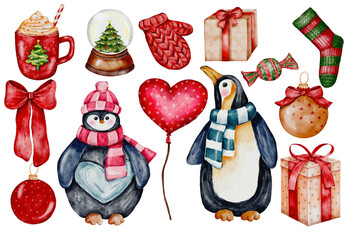 Christmas clipart watercolor illustration, penguin, tree, snow, gift, sock, cupcake, cup