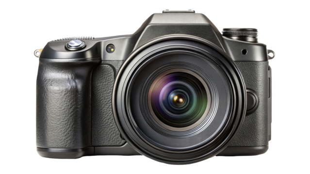 Professional digital slr camera with large lens and reflective elements isolated on transparent background