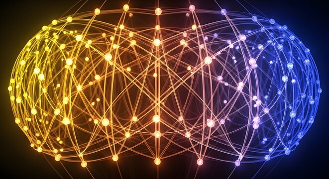 Abstract network of glowing spheres connected by lines with a gradient color scheme on dark background