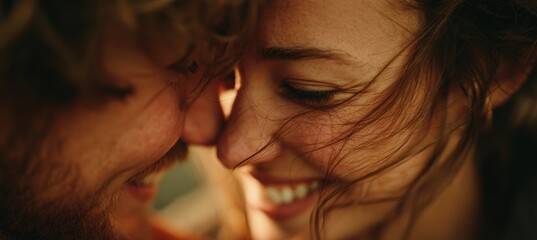 Intimate Close-Up of Smiling Couple in Golden Light with Soft Wind
