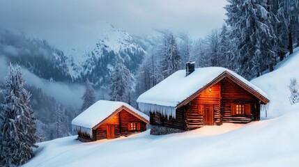 Cozy winter village nestled in the snow with glowing cabins among frosted trees and mountaintops at dusk