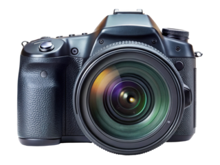 Professional dslr camera with large lens and intricate details isolated on transparent background