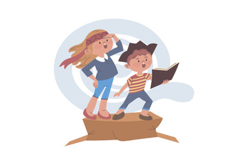 Children reading book concept with cartoon people for web design. Boy and girl read pirate story, imagining literary adventures, playing game together and enjoying fantasy novel. Vector illustration.