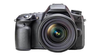 Professional digital slr camera with large lens isolated on transparent background for photography and videography