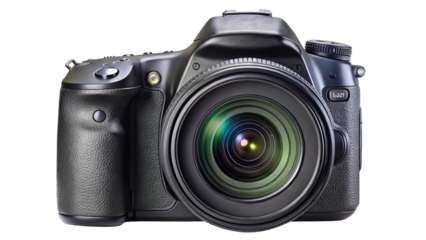 Professional digital slr camera with large lens and reflective elements isolated on transparent background