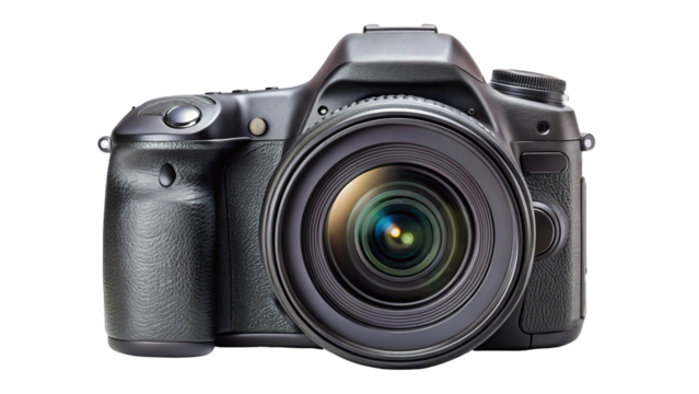 Professional digital slr camera with large lens isolated on transparent background for photography and videography