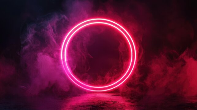 Red neon light ring with smoke on dark background. Luminous led circle with fog on black. Laser glow round frame with smoke effect. Abstract electric futuristic portal template for design or game - Powered by Adobe