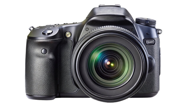 Professional digital slr camera with large lens and reflective elements isolated on transparent background