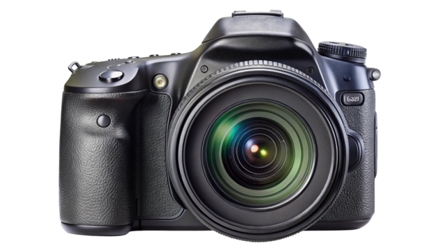 Professional digital slr camera with large lens and reflective elements isolated on transparent background