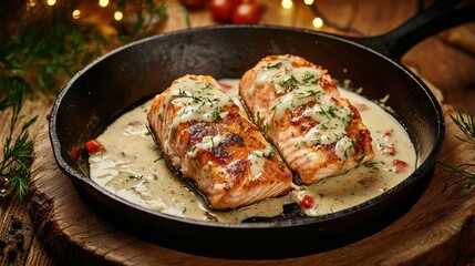 Creamy skillet salmon with herbs and vegetables, served in a rustic cast iron pan under warm lighting