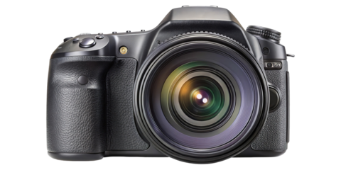 Professional dslr camera with a large lens focused forward isolated on transparent background