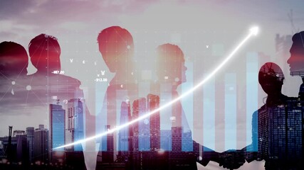 Business professionals silhouetted against a city skyline illustrate collaboration and success, with upward graphs symbolizing growth and economic progress. Copula - Powered by Adobe
