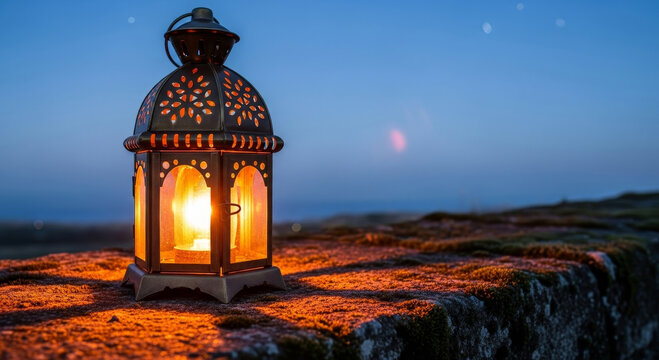 An old metal lantern radiates warm light, contrasting beautifully with the blue hues of the evening sky.