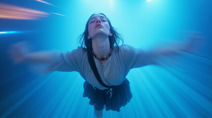 Woman Levitating in Surreal Blue Luminous Tunnel