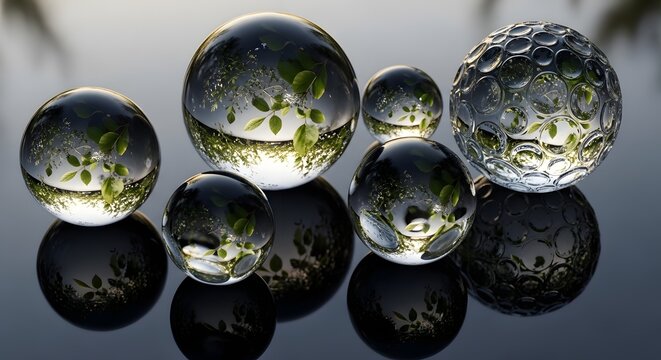 Collection of glass spheres with plant reflections on a reflective surface in a studio setting - Powered by Adobe