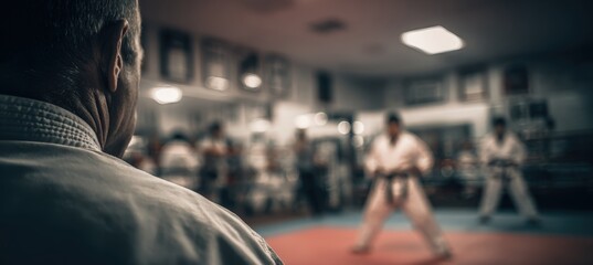 Referee Observing Martial Arts Match in Dojo with Blurred Fighters in Foreground