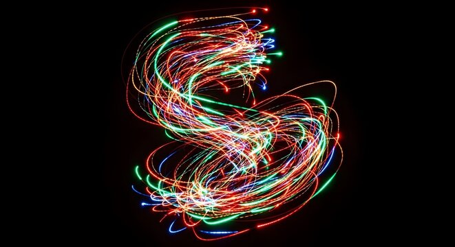 Colorful light trails forming an abstract s shape against a black background in long exposure shot - Powered by Adobe