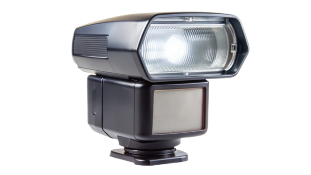 Professional camera speedlight flash unit with powerful illumination isolated on transparent background