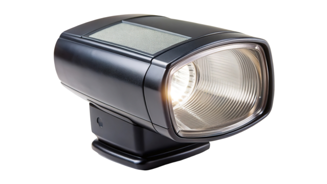 A powerful photographic flash unit with a bright light emitting from its lens isolated on transparent background