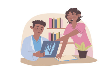 Healthcare concept with cartoon people for web design. Doctor and nurse examining x-ray with skeleton picture, making disease diagnosis, appointment and treatment prescription. Vector illustration.