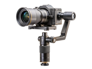 Professional digital camera mounted on a gimbal stabilizer for smooth cinematic video recording isolated on transparent background