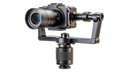 Professional cinematic camera stabilizer gimbal with high end digital camera mounted on transparent background isolated on transparent background