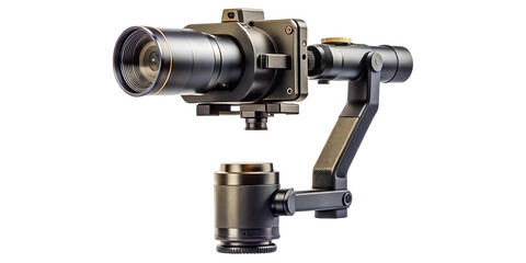 Close up of a professional camera gimbal stabilizer with metallic finish isolated on transparent background