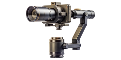 Close up of a professional camera gimbal stabilizer with metallic finish isolated on transparent background
