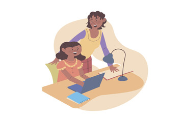 Children learning concept with cartoon people for web design. Mother helping her daughter doing homework, girl studying online and using laptop and notes, sitting desk at home. Vector illustration.