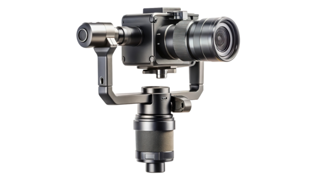 Professional gimbal stabilizer system with vintage camera attached isolated on transparent background